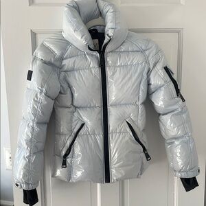 SAM Silver and Black Puffer Jacket with High Collar